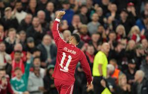 Selebrasi&nbsp;Mohamed Salah dalam laga Liverpool vs Atletico Madrid di Liga Champions 2025/2026, Kamis (18/9/2025). (AP Photo/Jon Super)