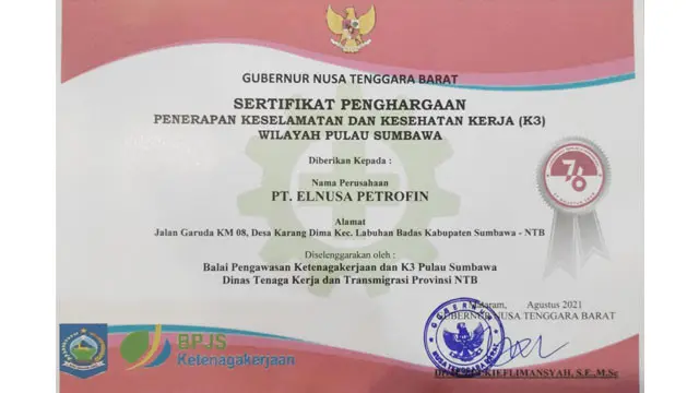 Berhasil Terapkan K3, Elnusa Petrofin Unit FT Badas Raih Penghargaan dari Gubernur Nusa Tenggara Barat