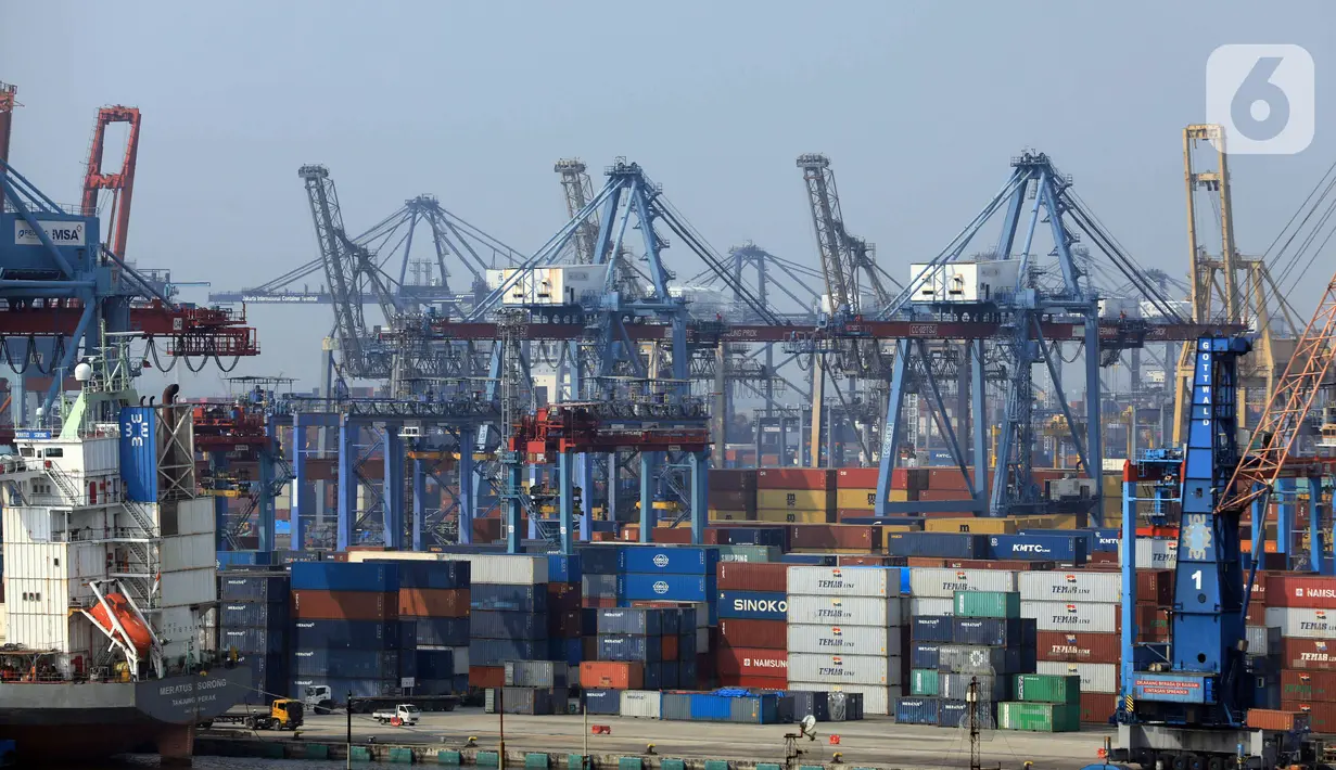 Aktivitas bongkar muat peti kemas di pelabuhan Tanjung Priok, Jakarta, Jumat (26/7/2024). (Liputan6.com/Angga Yuniar)