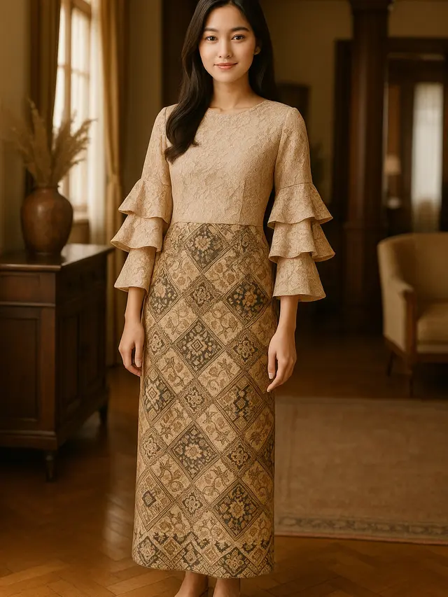Model Batik Brokat Kombinasi Lengan Pagoda Tiga Lapis