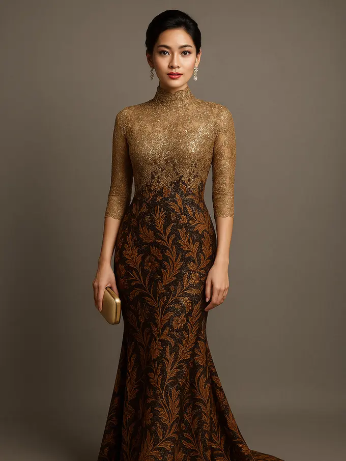Model Long Dress Batik Kombinasi Brokat Lengan 3/4, Pilihan Elegan untuk Acara Formal