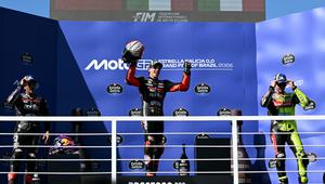 Selebrasi Marco Bezzecchi usai menang di MotoGP Brasil 2026 (AFP)