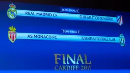 Sebuah layar menunjukkan hasil undian Semi Final Piala Champion, dimana Real Madrid bertanding melawan Atletico Madrid dan AS Monaco melawan Juventus di Nyon, Swiss, (21/4). (Jean-Christophe Bott / Keystone via AP)