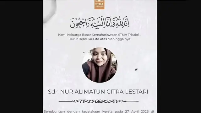 Nur Alimatun Citra Lestari (19), mahasiswi program studi Manajemen Asuransi menjadi salah satu korban meninggal dunia kecelakaan KRL di Bekasi.
