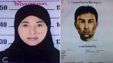 Foto wanita dan sketsa pria yang diduga terlibat aksi peledakan bom saat ditunjukkan pihak kepolisian, di Bangkok, Thailand, Senin (31/8/2015). Polisi Thailand kini memburu para tersangka yang telah diketahui identitasnya tersebut. (REUTERS /Thai Police)