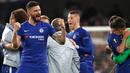 Penyerang Chelsea, Oliver Giroud merayakan kemenangan atas Eintracht Frankfurt di akhir laga semifinal Liga Eropa melawan di Stamford Bridge, London (10/5/2019). Chelsea akan menghadapi Arsenal pada laga final Liga Europa. (AP Photo/Alastair Grant)