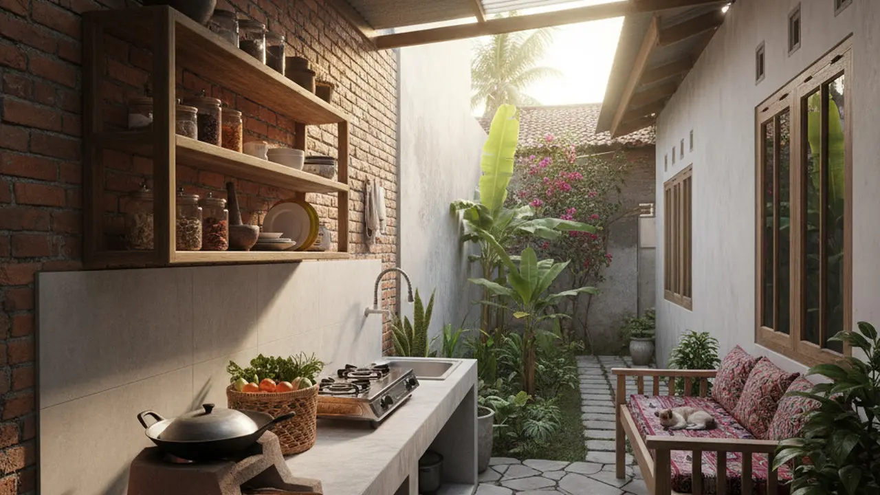 Desain Kombinasi Taman Belakang dan Dapur Terbuka Rumah Kecil
