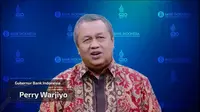 Gubernur Bank Indonesia Perry Warjiyo dalam peluncuran buku Kajian Stabilitas Keuangan (KSK) No.39 bertajuk “Sinergi dan Inovasi Kebijakan untuk Menjaga Stabilitas Sistem Keuangan dan Mendukung Pertumbuhan Ekonomi Nasional”, Jumat (21/10/2022).