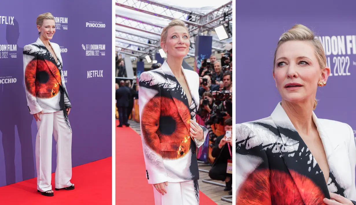 Foto kolase Cate Blanchett saat menghadiri pemutaran perdana film 'Guillermo del Toro's Pinocchio' selama Festival Film London 2022 di London, Sabtu, 15 Oktober 2022. (AP Photo)