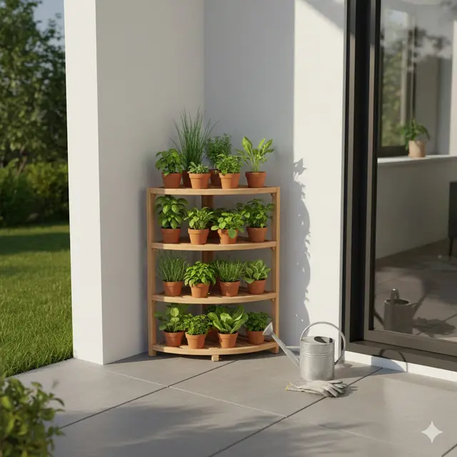 Rak Kayu Sudut (Corner Tiered Rack) (Gemini AI)