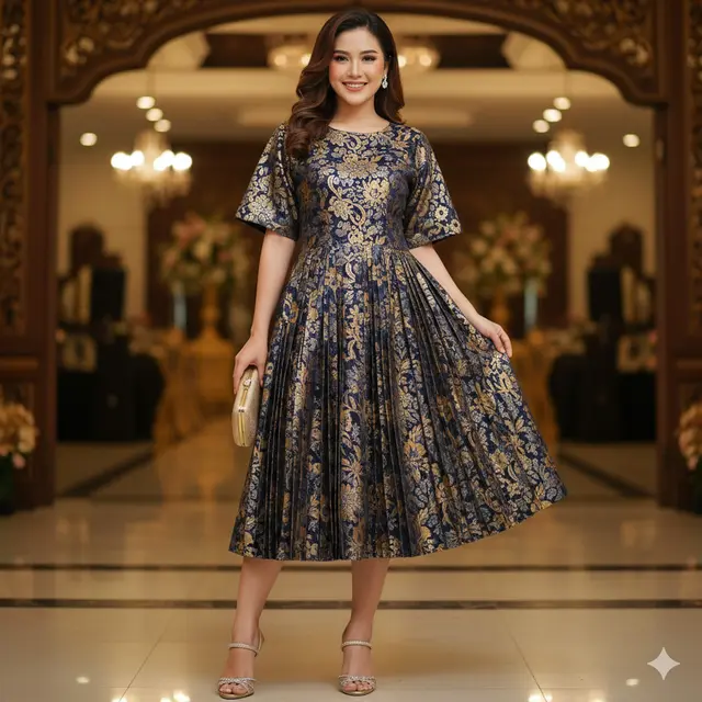 Dress Batik Brokat Lengan Pendek untuk Wanita Gemuk