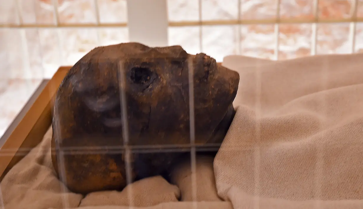Kepala Mumi yang terbungkus linen dari dinasti ke-18 Firaun Tutankhamun (1332–1323 SM) terlihat dalam kotak kaca di makam bawah tanah (KV62) di Lembah Para Raja di tepi barat sungai Nil di seberang kota Luxor di Mesir (31/1). (AFP Photo/Mohamed El-Shahed)