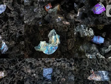 Foto kombinasi memperlihatkan sampah-sampah di antara karang Pantai Anyer, Kabupaten Serang, Banten, Sabtu (5/9/2020). Minimnya kesadaran wisatawan yang menyisakan sampah di antara karang Pantai Anyer menjadikan pemandangan kurang sedap dipandang mata. (Liputan6.com/Johan Tallo)