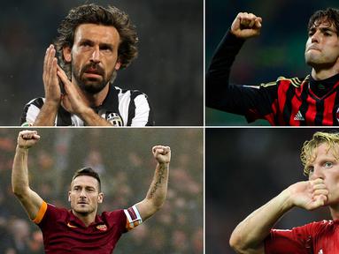 Berikut ini tujuh maestro lapangan hijau yang memutuskan untuk gantung sepatu di tahun 2017. Mulai dari gelandang kreatif Italia, Andrea Pirlo, hingga legenda hidup Brasil, Kaka. (Kolase foto-foto dari AFP)