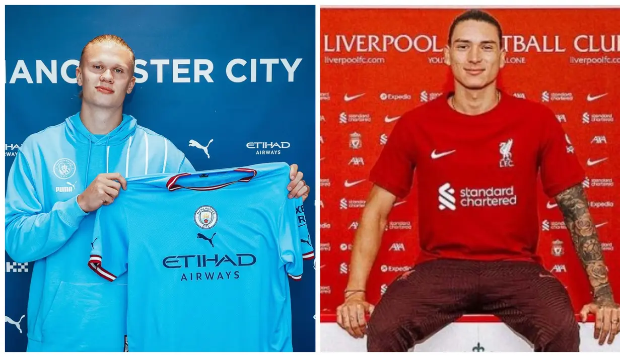 Sejumlah tim sudah mulai mencari amunisi baru untuk mengarungi liga Inggris musim 2022/2023. Perpindahan pemain yang cukup anyar ialah dari Erling Haaland ke Manchester City dan Darwin Nunez ke Liverpool. (Dok. Man City & Liverpool)