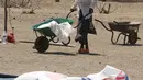 Seorang wanita mengambil bantuan makanan dari World Food Programme di Chiredzi Mupinga, Zimbabwe, Selasa (6/10). Puluhan juta orang di wilayah sub-Sahara Afrika akan mengalami kelaparan akibat siklus El Nino mencapai puncaknya. (REUTERS/Philimon Bulawayo)