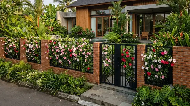 Pagar Batu Bata Modern dengan Mandevilla dan Lampu Taman