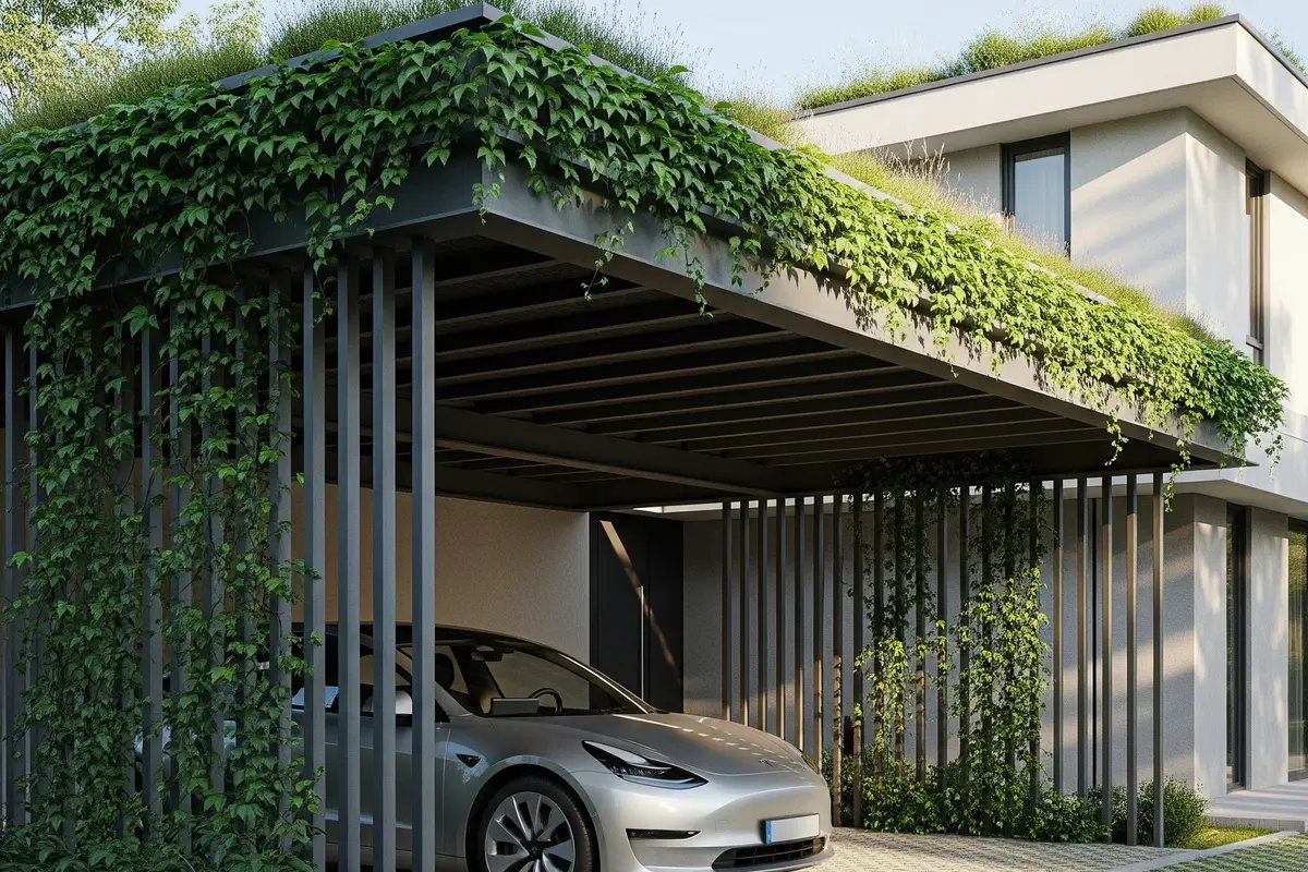Desain Carport Minimalis dengan Tanaman Pembatas (Image by Gemini AI)