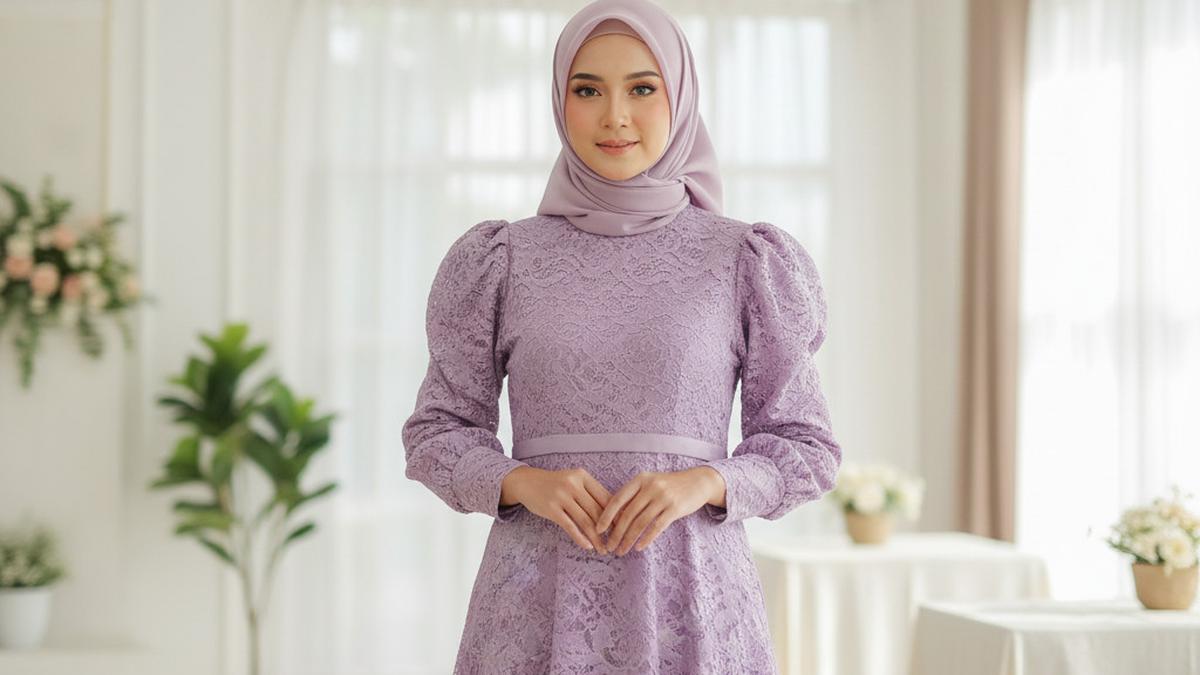 7 Model Gamis Brokat Lengan Balon Warna Lilac Trend Muslimah 2025, Bikin Tampil Anggun