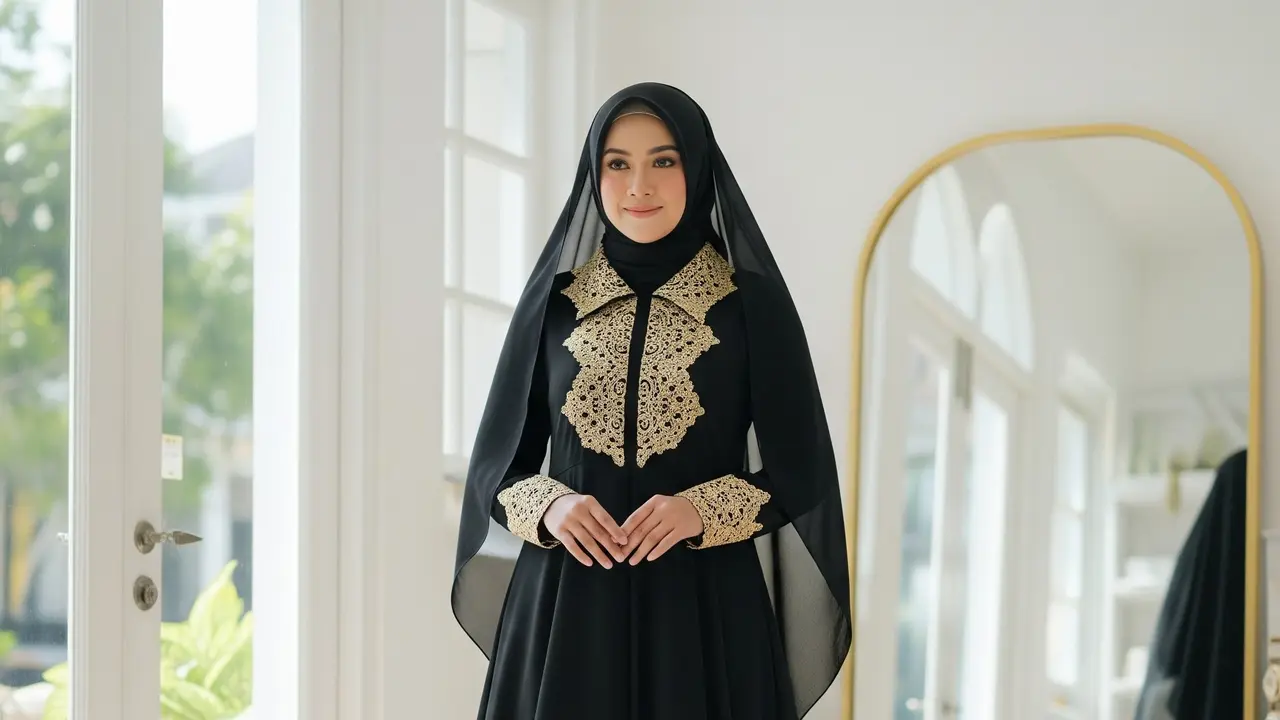 9 Model Gamis Hitam Simple Elegan Kombinasi Brokat Gold untuk Pesta Malam, Elegan