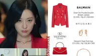 Kim Ji Won memakai busana serba merah dari Balmain. Ia juga menenteng tas Valentino dan mengenakan perhiasan dari Bulgari yang mewah. (dok. Instagram @kfashionsin/https://www.instagram.com/p/C5KKnpwvcBL/?utm_source=ig_web_copy_link/Rusmia Nely)