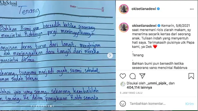 Temani Ria Ricis Ziarah ke Makam Ayah, Oki Setiana Dewi Dapat Puisi Indah dari Anak Tak Dikenal
