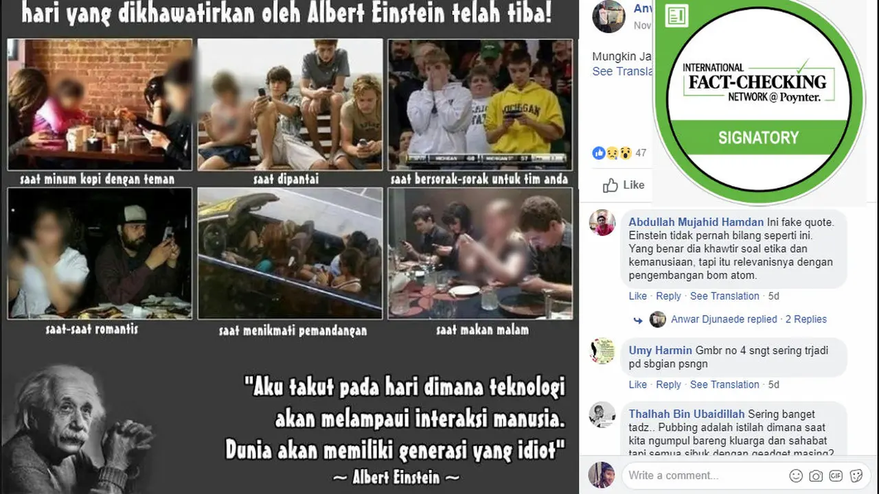 Cek Fakta - Benarkah Albert Einstein pernah mengatakan perkembangan teknologi lampaui interaksi manusia? (Facebook)