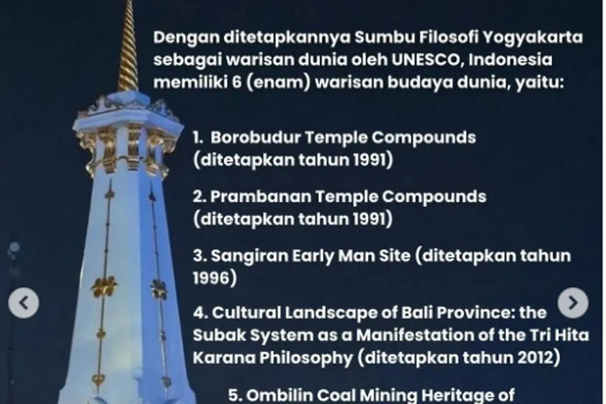 UNESCO tetapkan Sumbu Filosofi Yogyakarta sebagai World Cultural Heritage (WCH) atau Warisan Budaya Dunia. Kini Indonesia punya enam. (Dok KBRI Riyadh Instagram)