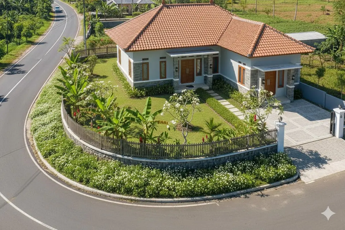 Desain Landscape Rumah di Desa Dekat Jalan Raya. AI