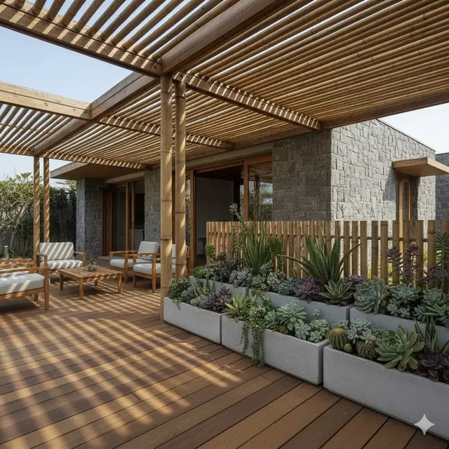 Teras Bambu Modern dengan Pagar Tanaman Sukulen Rangkai