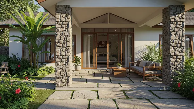 Teras Modern dengan Lantai Batu Alam dan Pilar Batu Alam