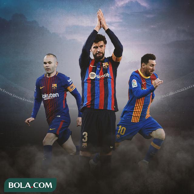 Ilustrasi - Gerard Pique, Andres Iniesta, dan Lionel Messi ddengan Jersey Barcelona