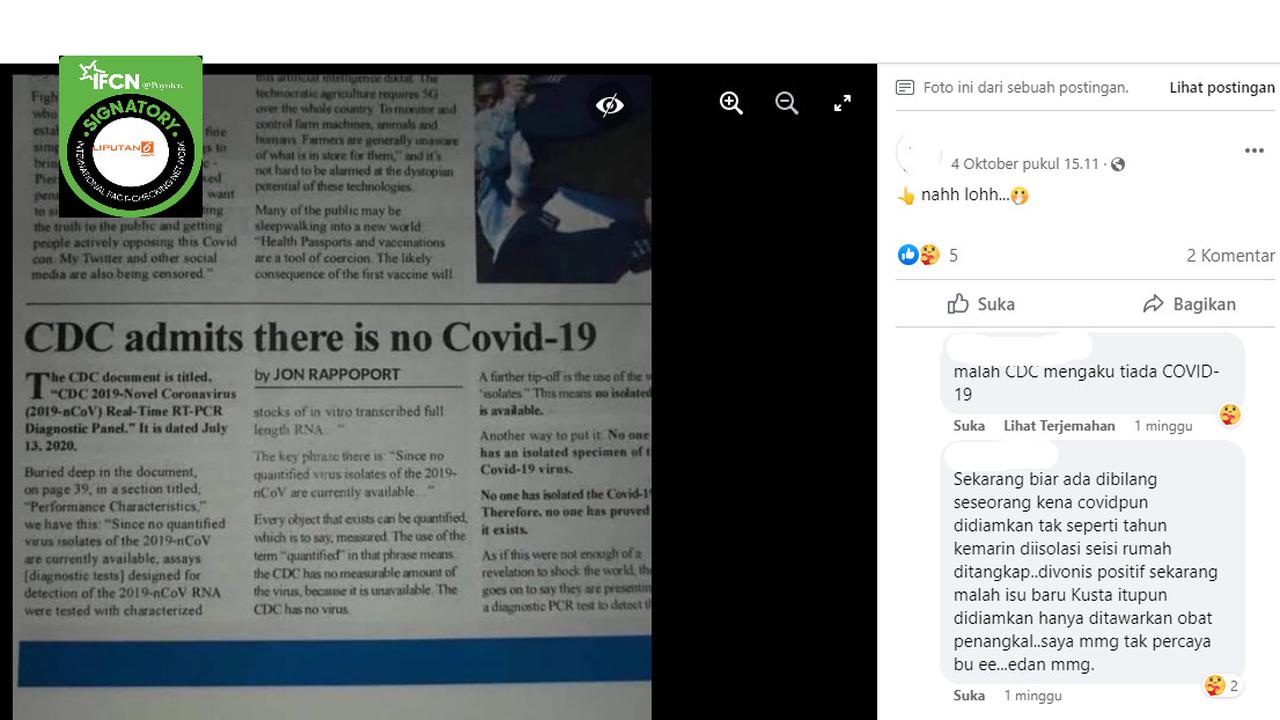 Tangkapan layar klaim dokumen CDC AS menyatakan Covid-19 tidak ada