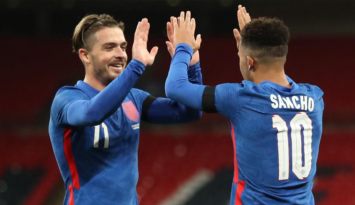 Jack Grealish - Grealish mampu tampil apik pada musim ini bersama Aston Villa dengan membukukan tujuh gol dan 12 assist dari 27 pertandingan. Tak heran jika pelatih Gareth Southgate memanggilnya untuk menjadi salah satu motor serangan The Three Lions di Euro 2020. (Foto: AFP/Pool/Nick Potts)