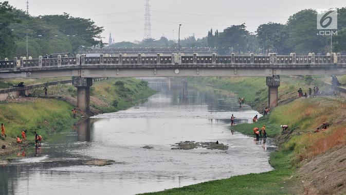 Petugas PPSU dan Sudin Tata Air Jakarta Timur membersihkan sampah dan tanaman liar di sepanjang aliran Kanal Banjir Timur (KBT), Senin (15/10). Aksi dilakukan guna mengantisipasi banjir sekaligus mempercantik kawasan KBT. (Merdeka.com/ Iqbal S. Nugroho)