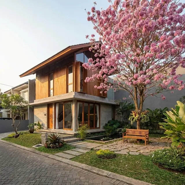 Taman Estetis dengan Pohon Tabebuya ala Jepang