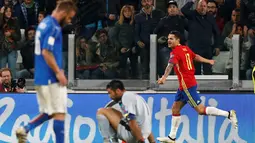 Ekspresi gelandang Spanyol, Vitolo, setelah menjebol gawang Italia dalam laga Grup G kualifikasi Piala Dunia 2018 di Juventus Stadium, Jumat (7/10/2016) dini hari WIB. (AFP/Marco Bertorello)