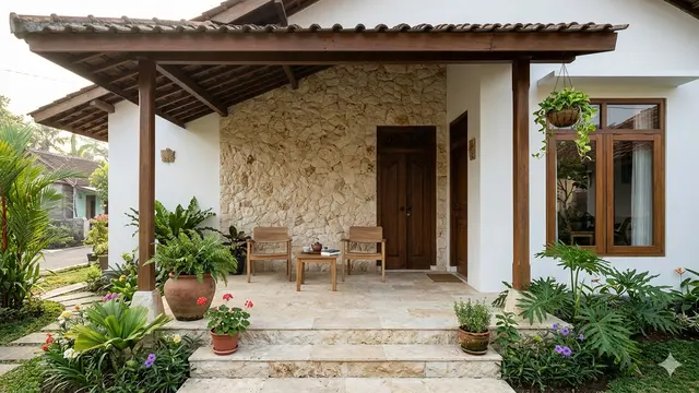 Inspirasi Teras Rumah Desa dengan Batu Alam yang Awet Bertahun-tahun. Gemini