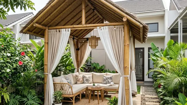 Gazebo Bambu Semi Tertutup dengan Kain Dekoratif