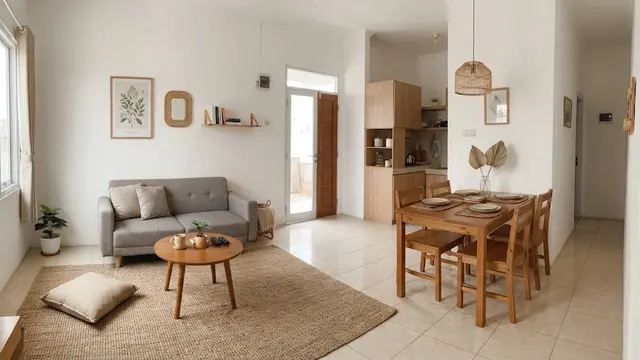 Rumah kecil dengan ruang tamu dan ruang makan menyatu sehingga terlihat elegan untuk hunian KPR dan subsidi model gunakan karpet untuk mengimbangi area