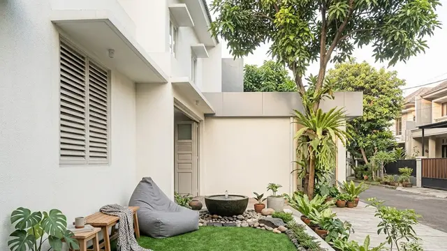 Layout Taman dengan Rumput Sintetis dan Air Mancur Mini