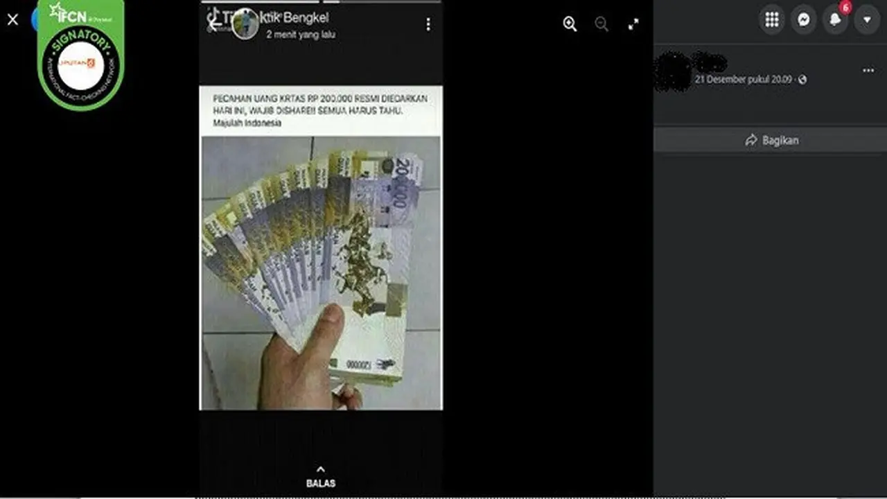 Gambar Tangkapan Layar Kabar tentang Uang Kertas Pecahan Rp 200 Ribu Resmi Diedarkan (sumber: Facebook).