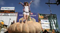 Cindy Tobeck berdiri di atas labu seberat 1.736 pon miliknya dalam lomba Safeway World Championship Pumpkin Weigh-Off di Half Moon Bay, California, Amerika Serikat, Senin (14/10/2019). Seorang petani keluar sebagai juara dengan labu seberat 2.175 pon miliknya. (Justin Sullivan/Getty Images/AFP)