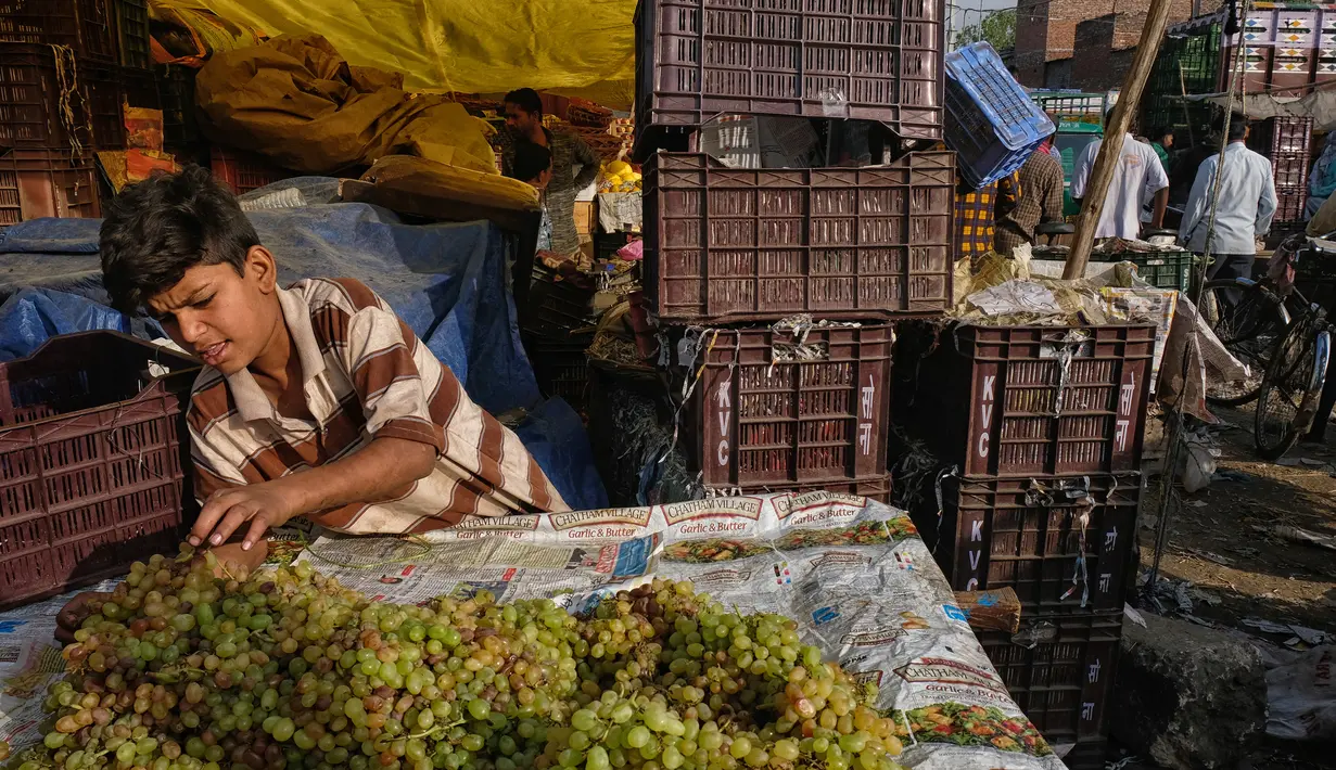 Seorang pekerja muda mengatur anggur saat dia menunggu pelanggan di pasar grosir buah dan sayuran di New Delhi, India (27/3). (AFP Photo/Noemi Cassanelli)