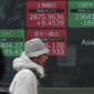 Orang-orang berjalan melewati layar monitor yang menunjukkan indeks bursa saham Nikkei 225 Jepang dan lainnya di sebuah perusahaan sekuritas di Tokyo, Senin (10/2/2020). Pasar saham Asia turun pada Senin setelah China melaporkan kenaikan dalam kasus wabah virus corona. (AP Photo/Eugene Hoshiko)