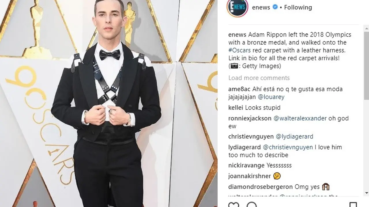 Seksi dan Menantang, Gaya Tuksedo Unik Adam Rippon di Piala Oscar 2018 (Foto: Instagram/ @Enews)