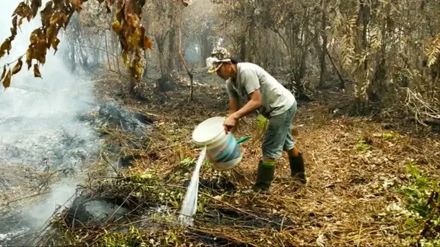 Seorang warga menyiramkan air ke lokasi kebakaran lahan di Riau agar tidak meluas.