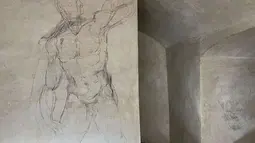 "Ruang rahasia" Michelangelo terletak di dalam Museum Kapel Medici dan berisi sketsa arang dari figur-figur manusia yang telah dikaitkan dengan sang seniman, yang dikatakan berlindung di sana pada tahun 1530. (AP Photo/Fareed Khan)