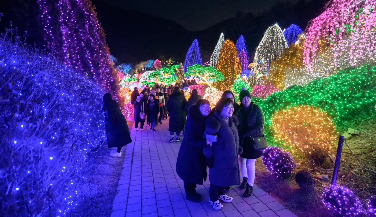 Gambar pada 11 Januari 2020, pengunjung menyaksikan keindahan ribuan lampu di Garden of Morning Calm, sebelah timur Seoul di distrik Gapyeong, Korea Selatan. Festival cahaya tahunan tersebut dinikmati saat musim dingin, Desember sampai akhir bulan Maret. (Ed JONES / AFP)