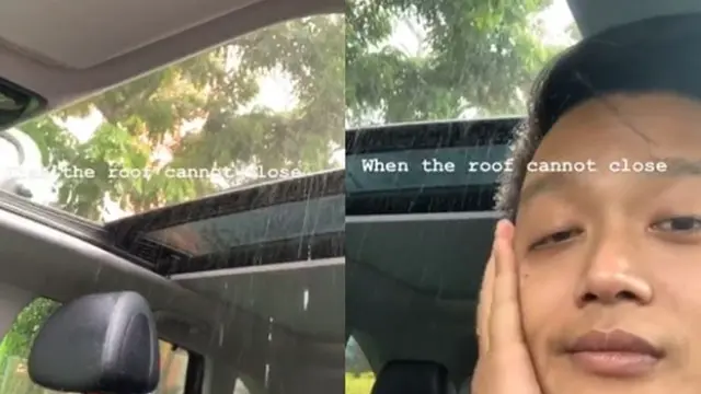 Atapnya Tak Bisa Ditutup, Ekspresi Pria Kehujanan di Mobilnya Ini Bikin Ngakak